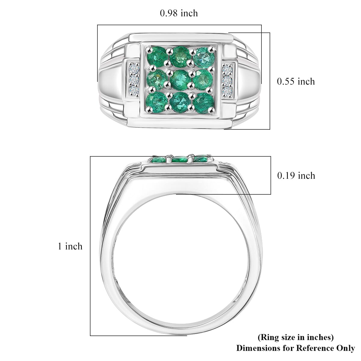 D'Joy Premium Kagem Zambian Emerald and Moissanite 1.50 ctw Art Deco Mens Ring in Rhodium Over Sterling Silver (Size 10.0) image number 5