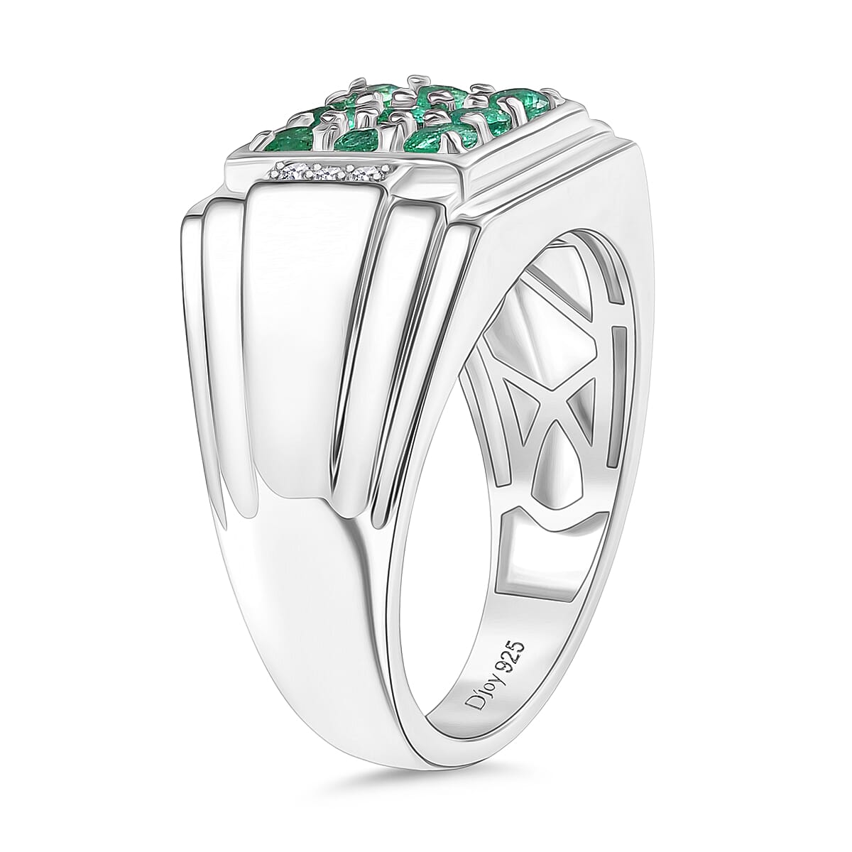 D'Joy Premium Kagem Zambian Emerald and Moissanite 1.50 ctw Art Deco Mens Ring in Rhodium Over Sterling Silver (Size 13.0) image number 3