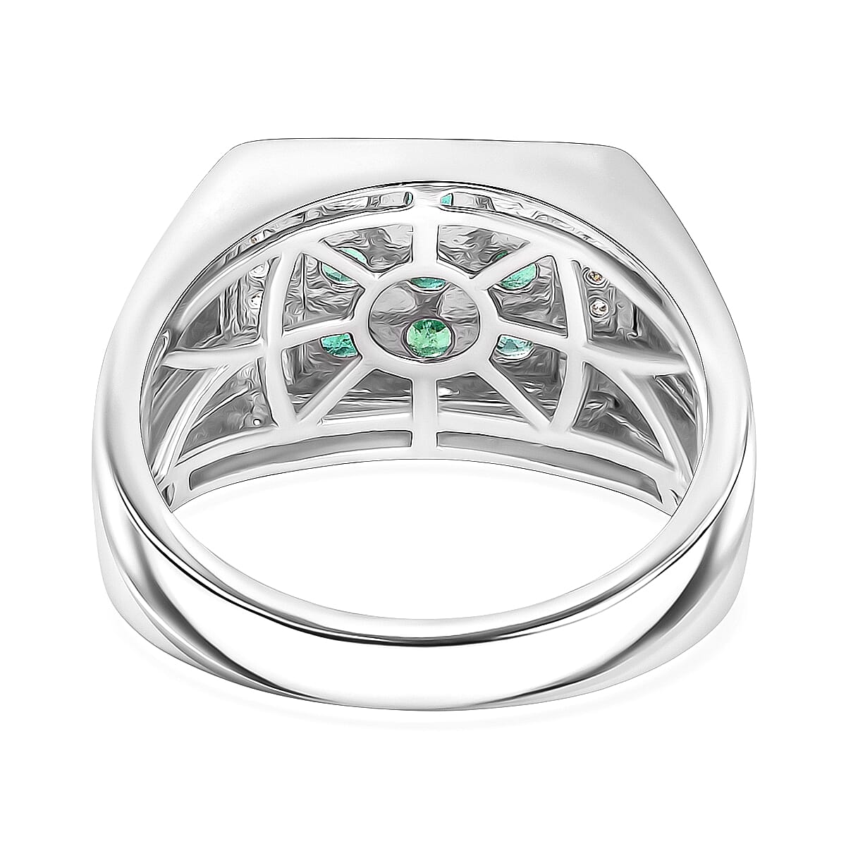 D'Joy Premium Kagem Zambian Emerald and Moissanite 1.50 ctw Art Deco Mens Ring in Rhodium Over Sterling Silver (Size 13.0) image number 4