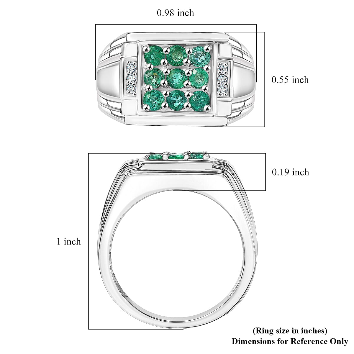 D'Joy Premium Kagem Zambian Emerald and Moissanite 1.50 ctw Art Deco Mens Ring in Rhodium Over Sterling Silver (Size 13.0) image number 5