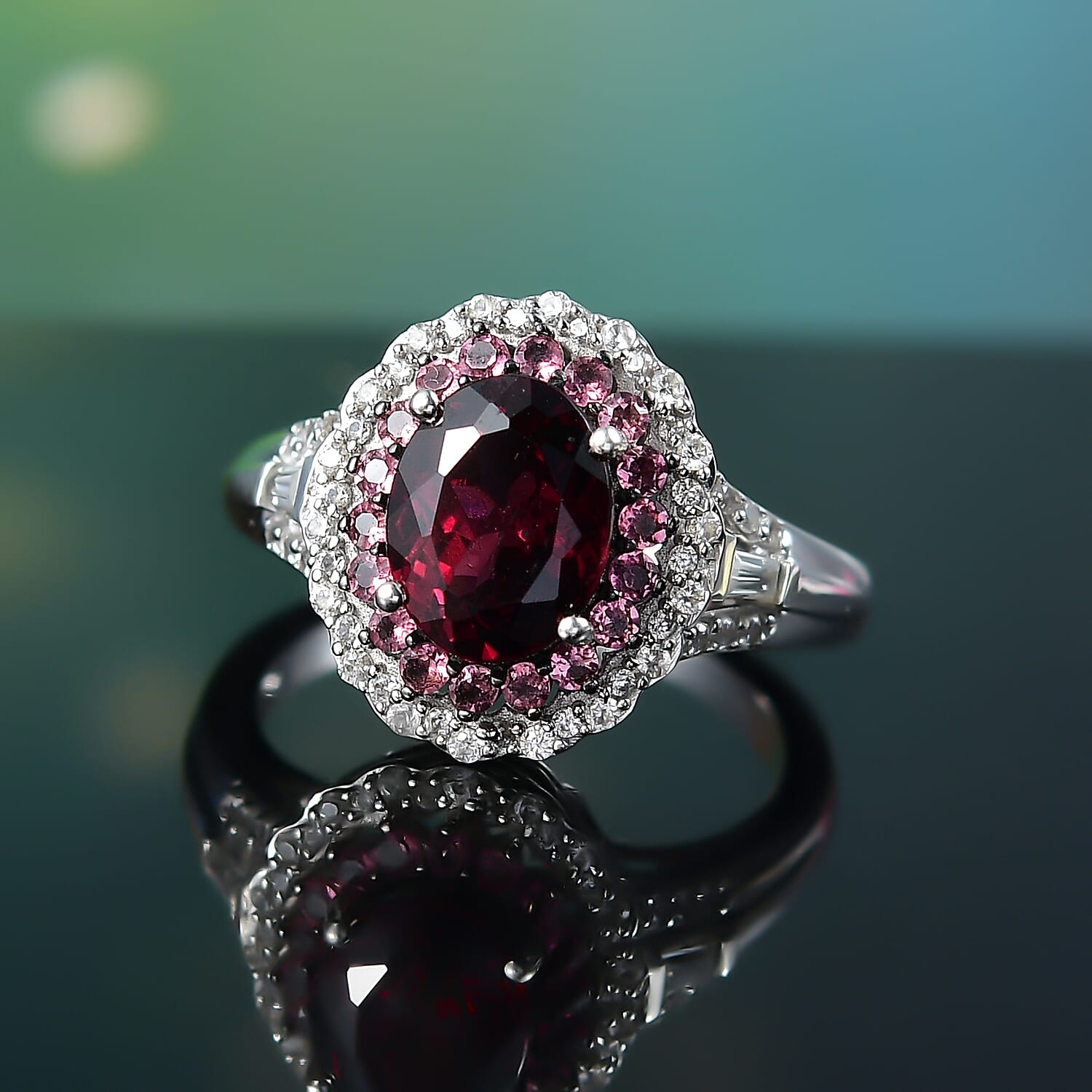 D'Joy Orissa Rhodolite Garnet and Multi Gemstone 3.25 ctw Water Ripples Ring in Rhodium Over Sterling Silver (Size 10.0)