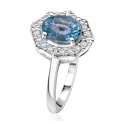 Premium Blue Zircon and White Zircon 2.35 ctw Ring in Rhodium Over Sterling Silver (Size 8.0)