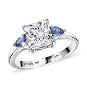 IGI Certified Princess Cut Luxuriant Lab Grown Diamond E-F VS and Ceylon Blue Sapphire 2.40 ctw Celestial Crown Ring in 950 Platinum (Size 7.0)