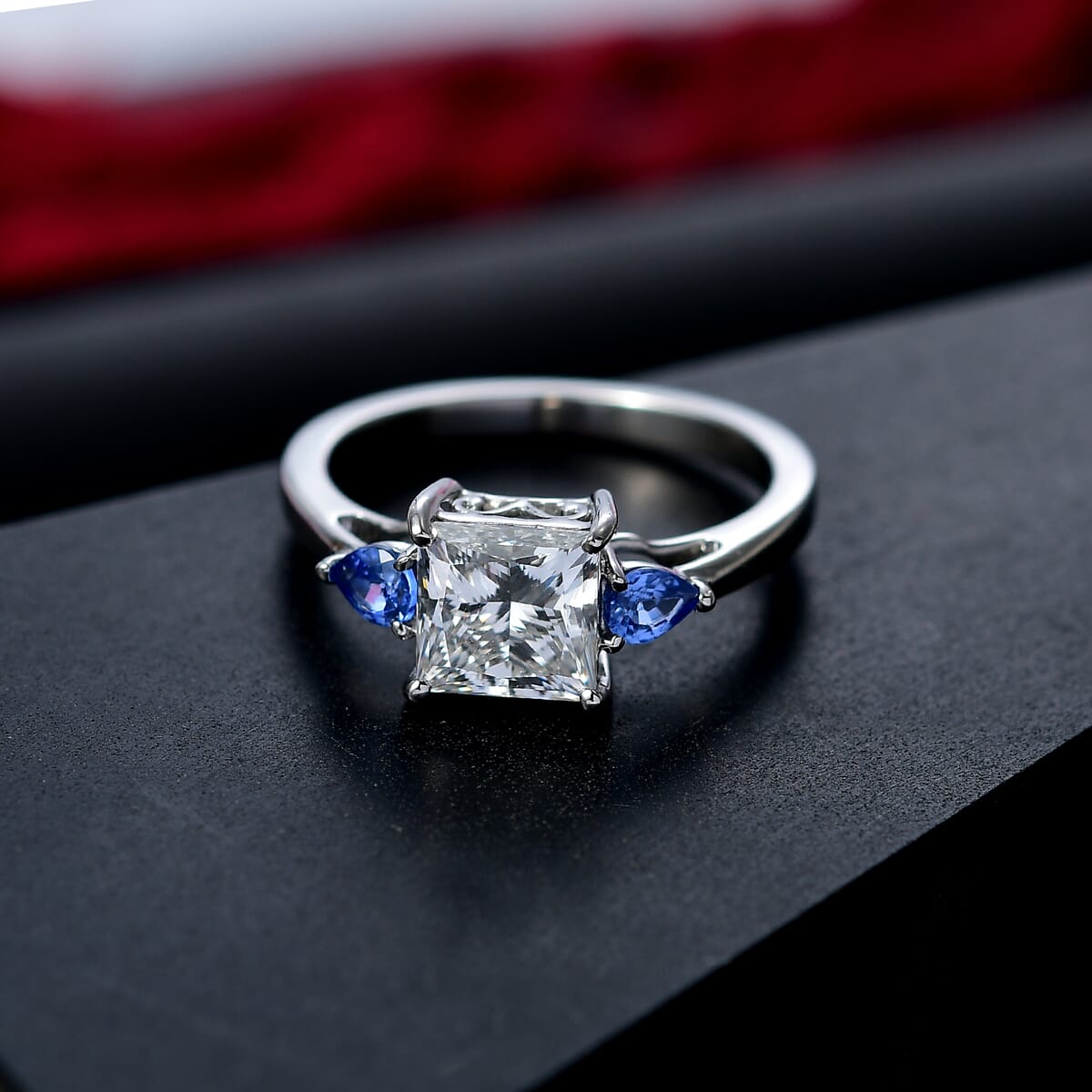 IGI Certified Princess Cut Luxuriant Lab Grown Diamond E-F VS and Ceylon Blue Sapphire 2.40 ctw Celestial Crown Ring in 950 Platinum (Size 7.0) image number 1