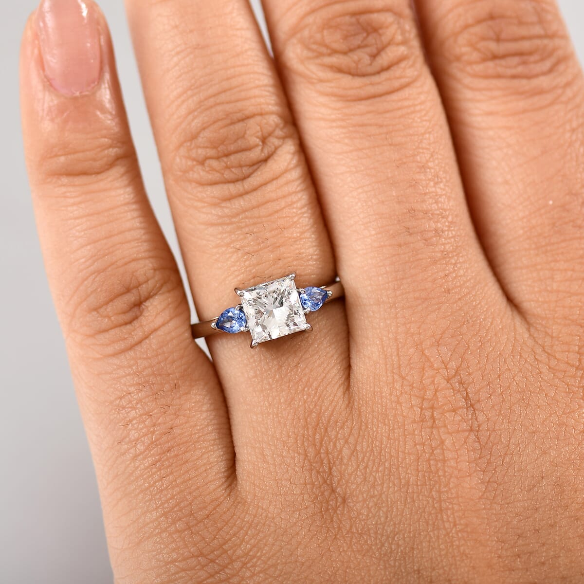 IGI Certified Princess Cut Luxuriant Lab Grown Diamond E-F VS and Ceylon Blue Sapphire 2.40 ctw Celestial Crown Ring in 950 Platinum (Size 7.0) image number 2