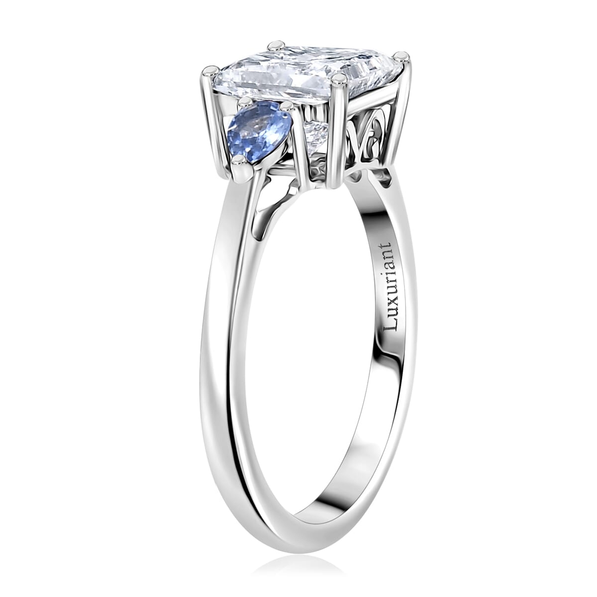 IGI Certified Princess Cut Luxuriant Lab Grown Diamond E-F VS and Ceylon Blue Sapphire 2.40 ctw Celestial Crown Ring in 950 Platinum (Size 7.0) image number 3