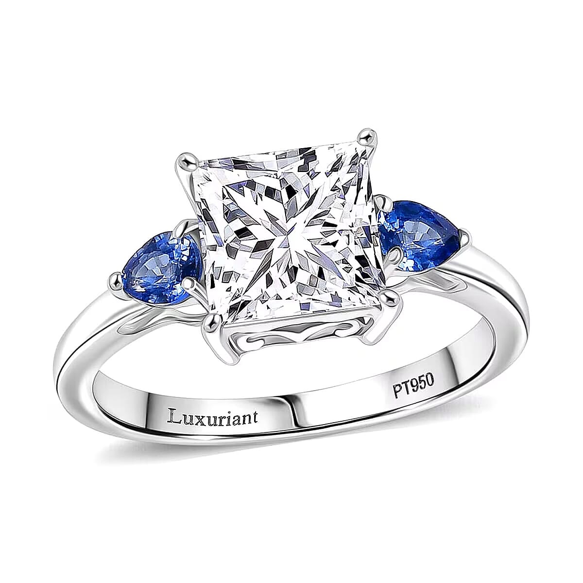 IGI Certified Princess Cut Luxuriant Lab Grown Diamond E-F VS and Ceylon Blue Sapphire 2.40 ctw Celestial Crown Ring in 950 Platinum (Size 9.0) image number 0