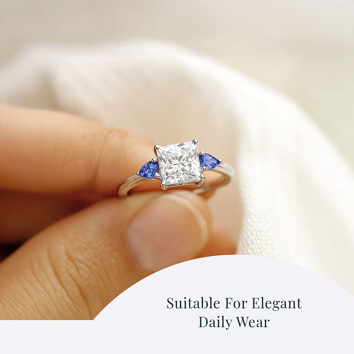 IGI Certified Princess Cut Luxuriant Lab Grown Diamond E-F VS and Ceylon Blue Sapphire 2.40 ctw Celestial Crown Ring in 950 Platinum (Size 9.0) image number 5
