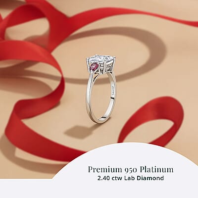 TLV IGI Certified 950 Platinum Luxuriant Lab Grown Diamond (E-F, VS), Ouro Fino Rubellite 3 Stone Ring (Size 10.0) 2.40 ctw