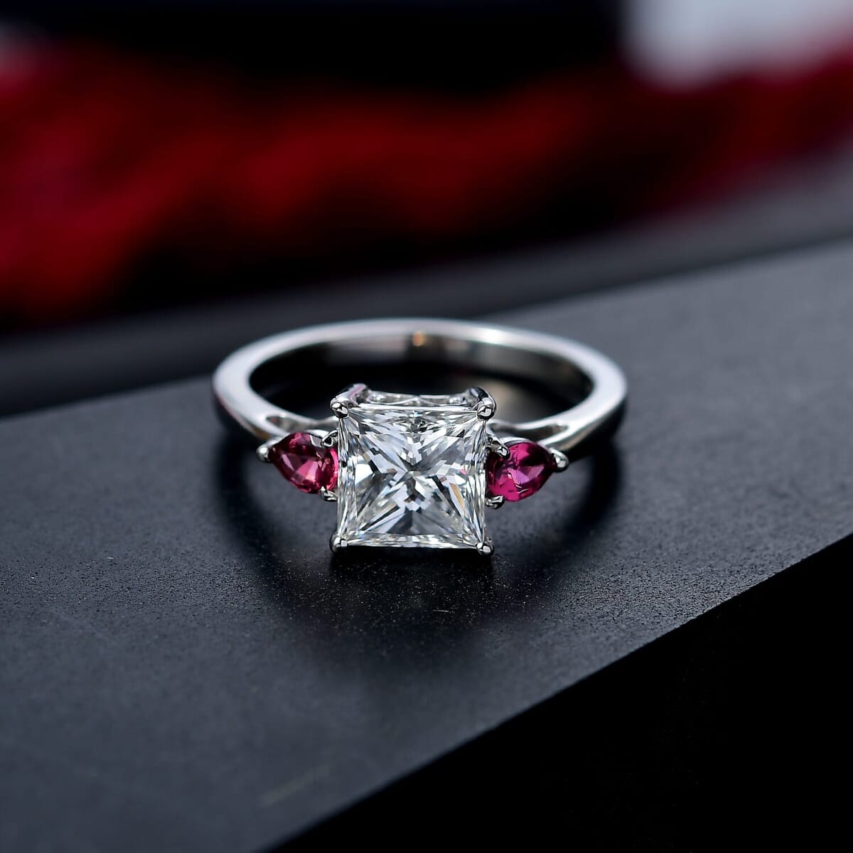 TLV IGI Certified 950 Platinum Luxuriant Lab Grown Diamond (E-F, VS), Ouro Fino Rubellite 3 Stone Ring (Size 10.5) 2.40 ctw image number 1
