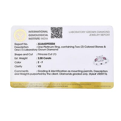 IGI Certified Princess Cut Luxuriant Lab Grown Diamond E-F VS and Ouro Fino Rubellite 2.40 ctw Celestial Crown Ring in 950 Platinum (Size 6.0)