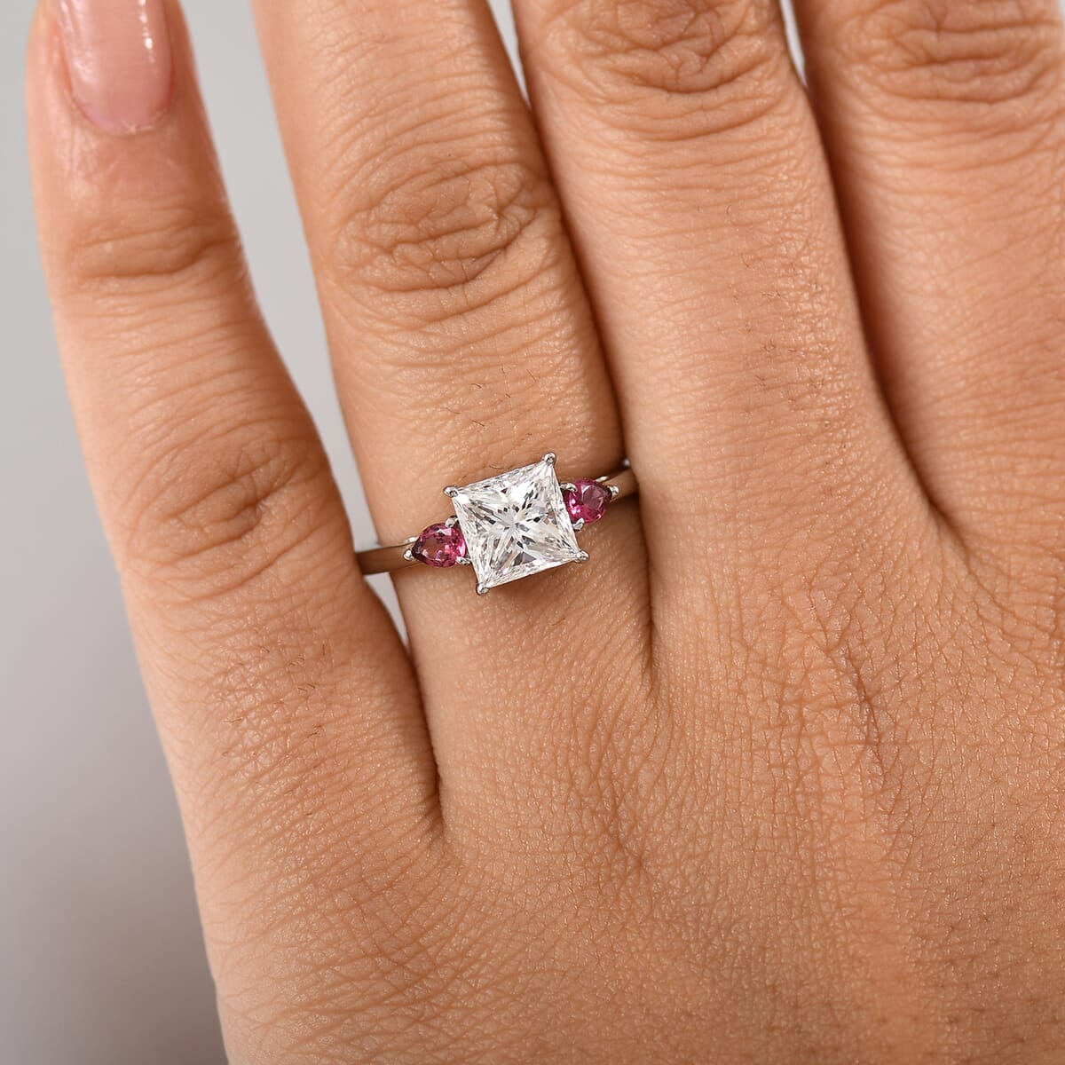 IGI Certified Princess Cut Luxuriant Lab Grown Diamond E-F VS and Ouro Fino Rubellite 2.40 ctw Celestial Crown Ring in 950 Platinum (Size 7.0) image number 2