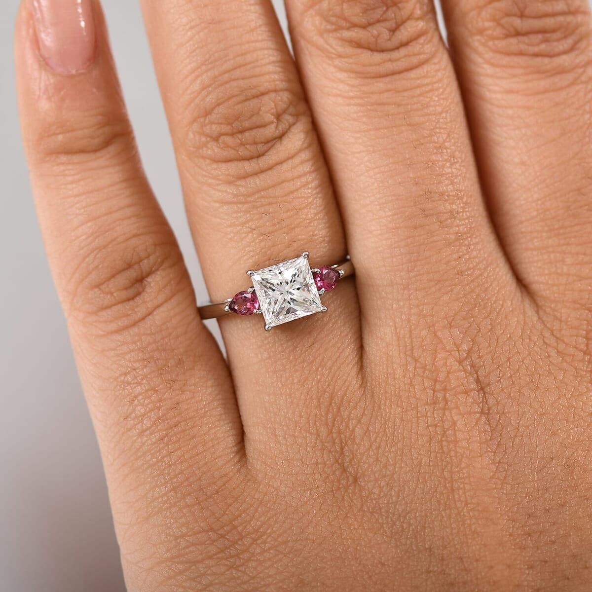 TLV IGI Certified 950 Platinum Luxuriant Lab Grown Diamond (E-F, VS), Ouro Fino Rubellite 3 Stone Ring (Size 7.5) 2.40 ctw image number 2