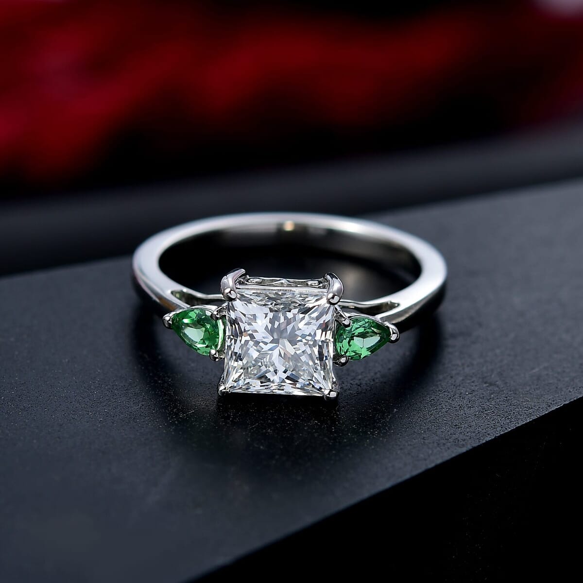 TLV IGI Certified 950 Platinum Luxuriant Lab Grown Diamond (E-F, VS), Tsavorite Garnet 3 Stone Ring (Size 10.5) 2.40 ctw image number 1