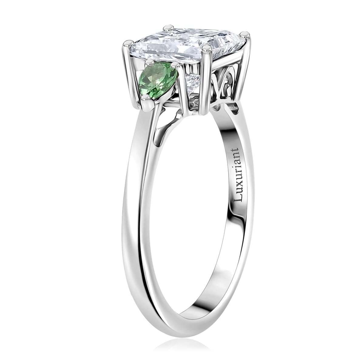 TLV IGI Certified 950 Platinum Luxuriant Lab Grown Diamond (E-F, VS), Tsavorite Garnet 3 Stone Ring (Size 10.5) 2.40 ctw image number 3