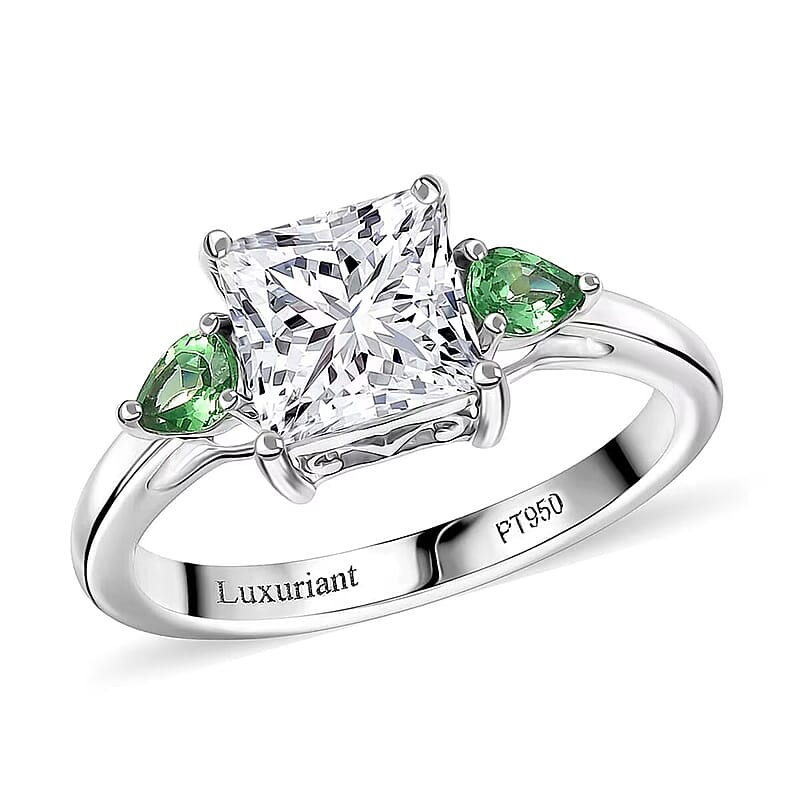 IGI Certified Princess Cut Luxuriant Lab Grown Diamond E-F VS and Tsavorite Garnet 2.40 ctw Celestial Crown Ring in 950 Platinum (Size 6.0)