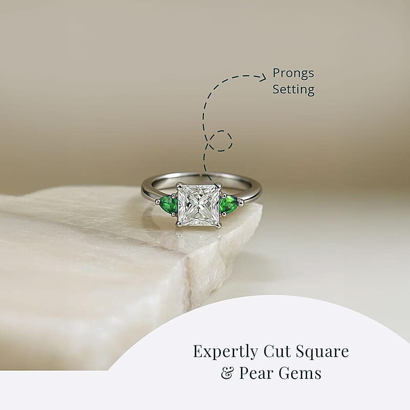 IGI Certified Princess Cut Luxuriant Lab Grown Diamond E-F VS and Tsavorite Garnet 2.40 ctw Celestial Crown Ring in 950 Platinum (Size 6.0)