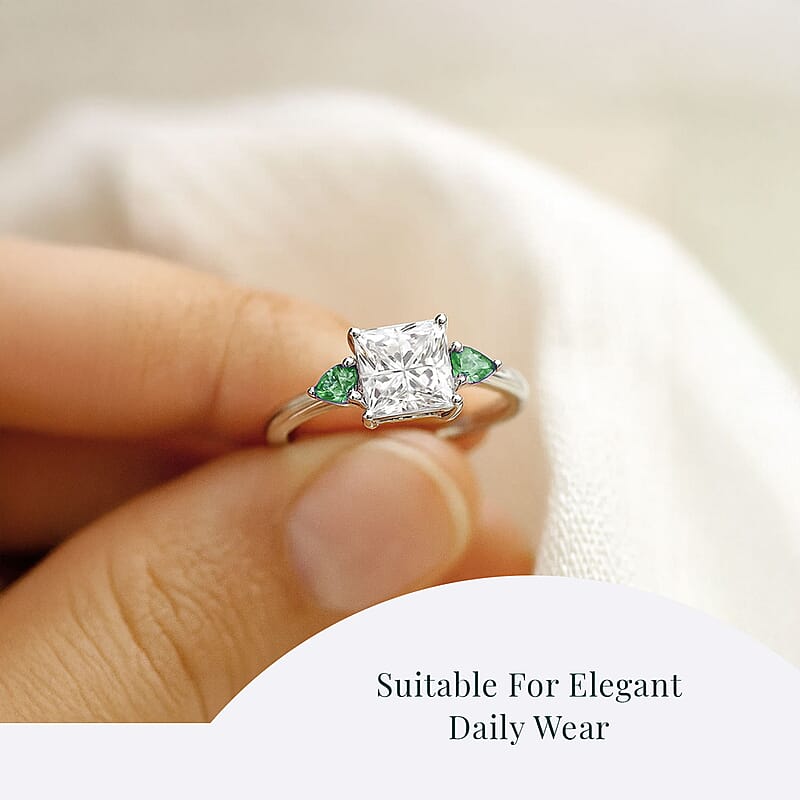 IGI Certified Princess Cut Luxuriant Lab Grown Diamond E-F VS and Tsavorite Garnet 2.40 ctw Celestial Crown Ring in 950 Platinum (Size 6.0)