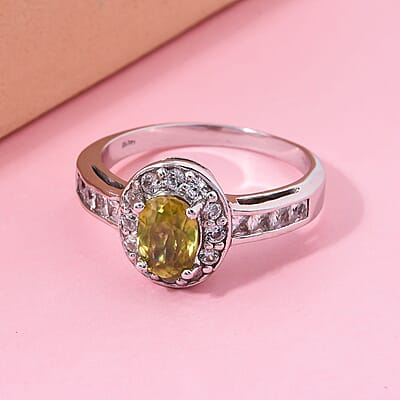 D'Joy Premium Sava Sphene and White Zircon 2.00 ctw Ring in Rhodium Over Sterling Silver (Size 10.0)