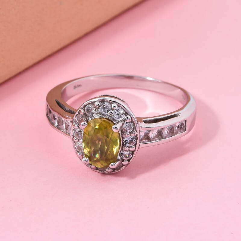 D'Joy Premium Sava Sphene and White Zircon 2.00 ctw Ring in Rhodium Over Sterling Silver (Size 10.0)