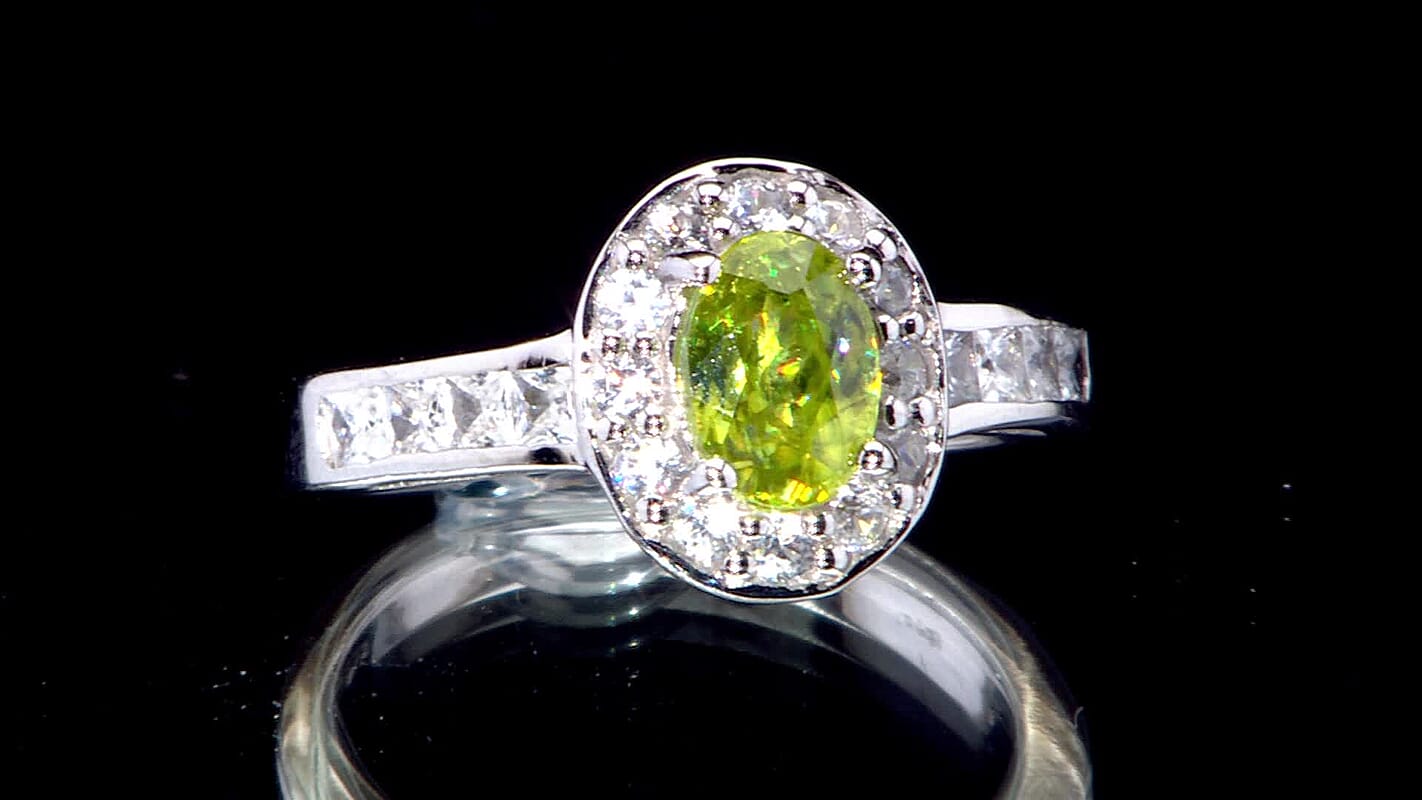 D'Joy Premium Sava Sphene, White Zircon Ring in Rhodium Over Sterling Silver (Size 10.0) 2.00 ctw