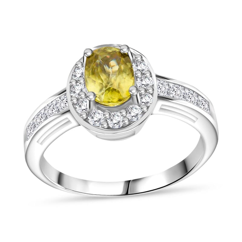 D'Joy Premium Sava Sphene and White Zircon 2.00 ctw Ring in Rhodium Over Sterling Silver (Size 9.0)