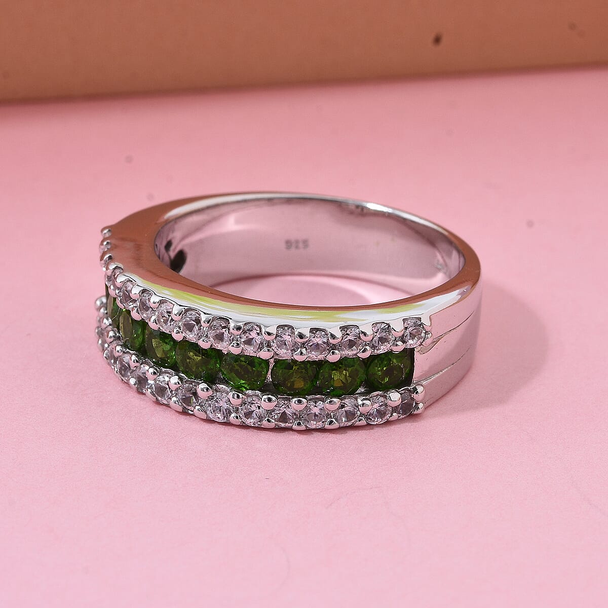 Chrome Diopside, White Zircon Half Eternity Ring in Rhodium Over Sterling Silver (Size 10.0) 1.50 ctw image number 1