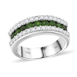 Chrome Diopside and White Zircon 1.50 ctw Half Eternity Ring in Rhodium Over Sterling Silver (Size 7.0)