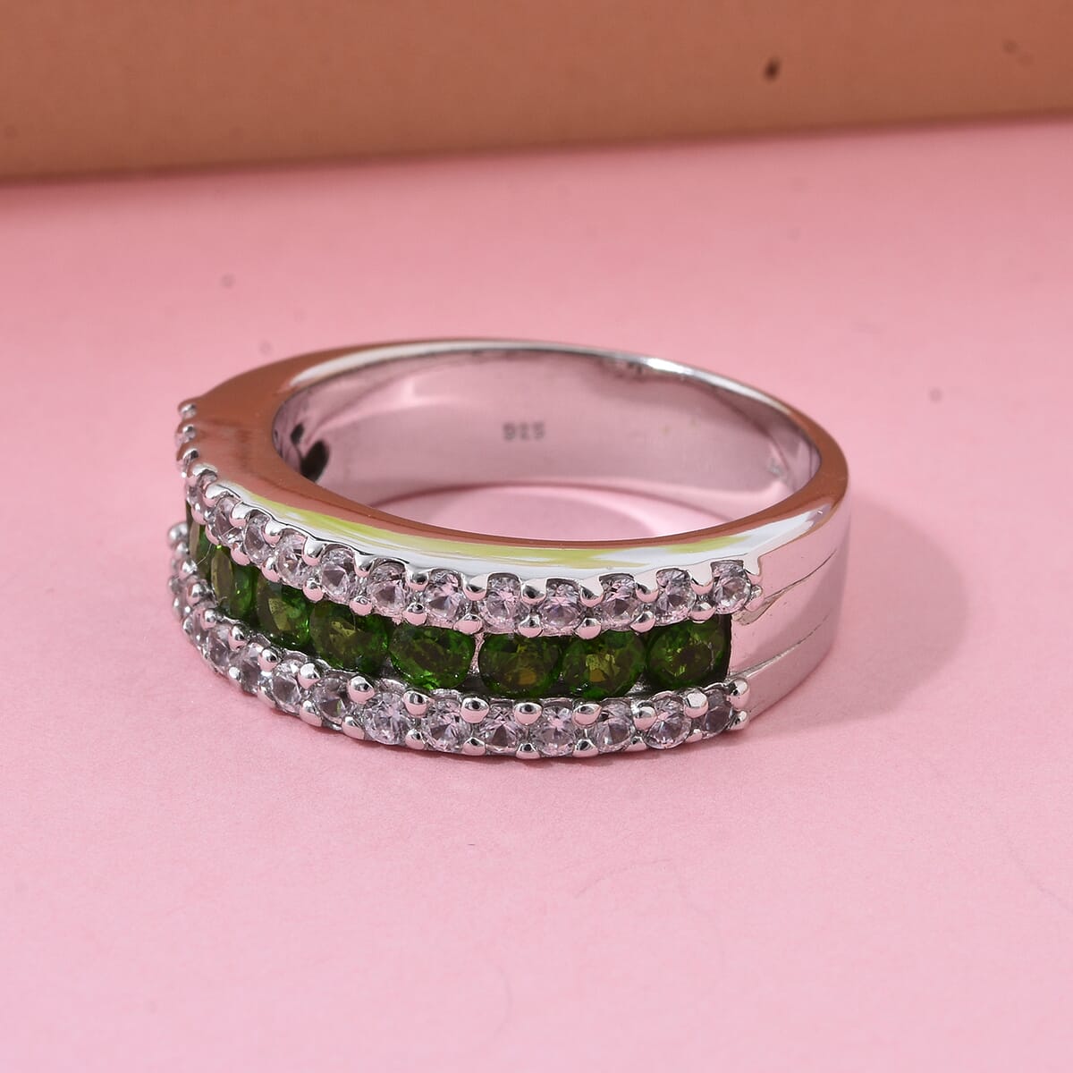 Chrome Diopside and White Zircon 1.50 ctw Half Eternity Ring in Rhodium Over Sterling Silver (Size 7.0) image number 1