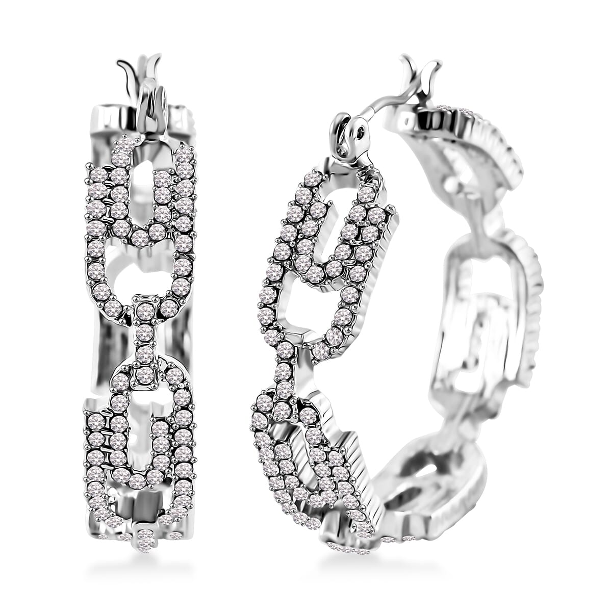 Austrian Crystal Paper Clip Hoop Earrings in Silvertone image number 0