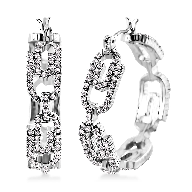 Austrian Crystal Beautiful Paper Clip Hoop Earrings in Silvertone
