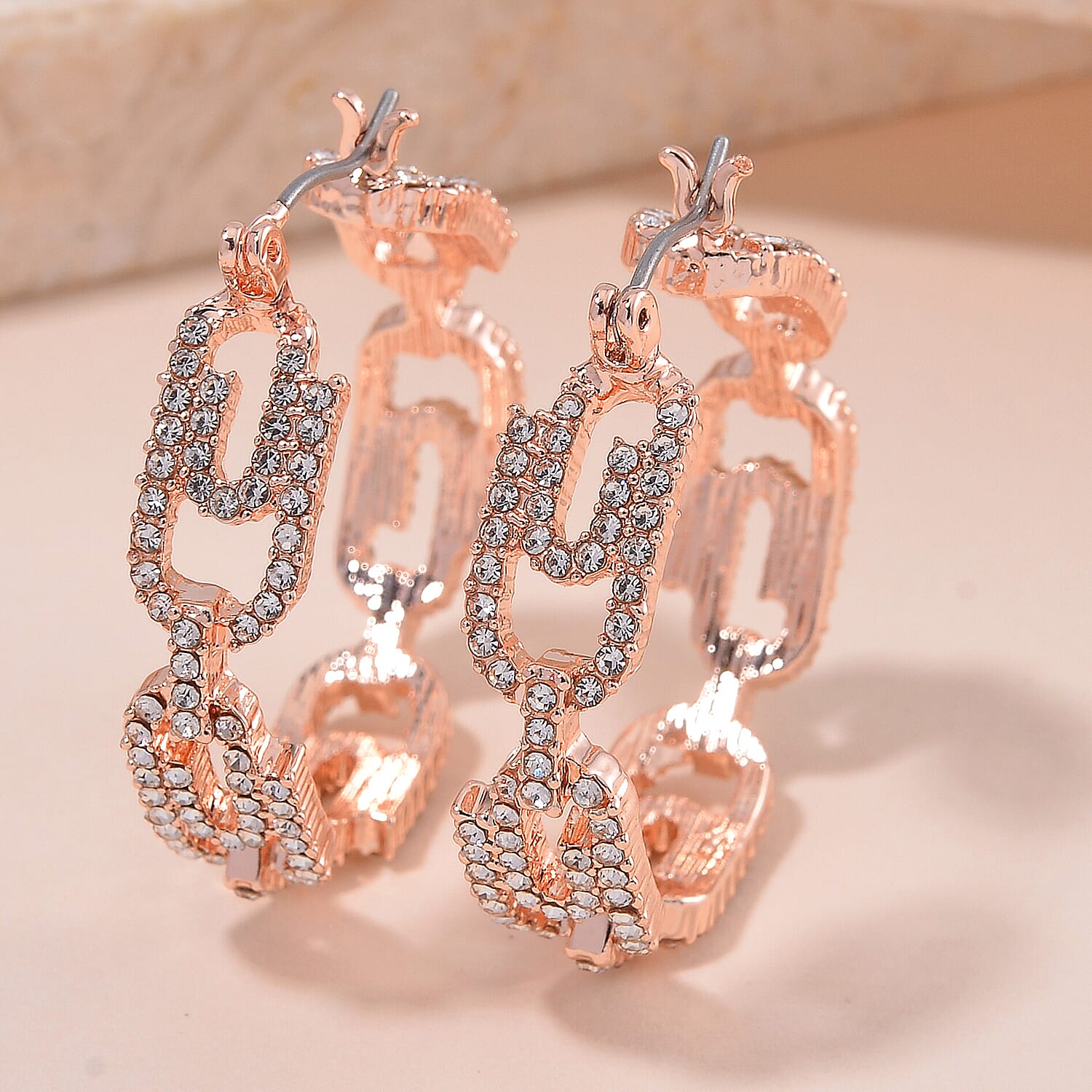 Austrian Crystal Beautiful Paper Clip Hoop Earrings in Rosetone