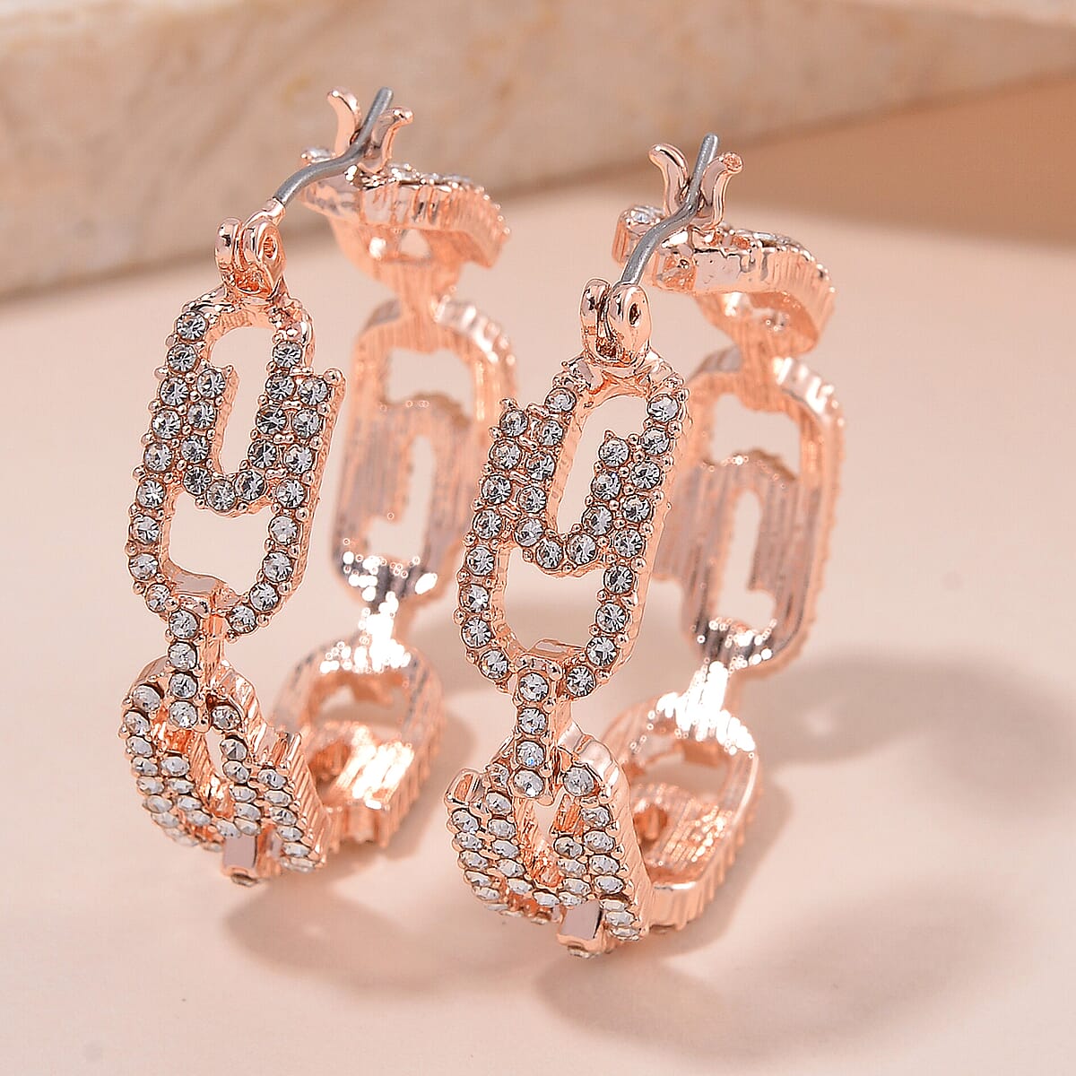 Austrian Crystal Beautiful Paper Clip Hoop Earrings in Rosetone image number 1