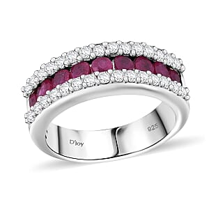 D'Joy Niassa Ruby (FF) and White Zircon 1.50 ctw Half Eternity Ring in Rhodium Over Sterling Silver (Size 10.0)