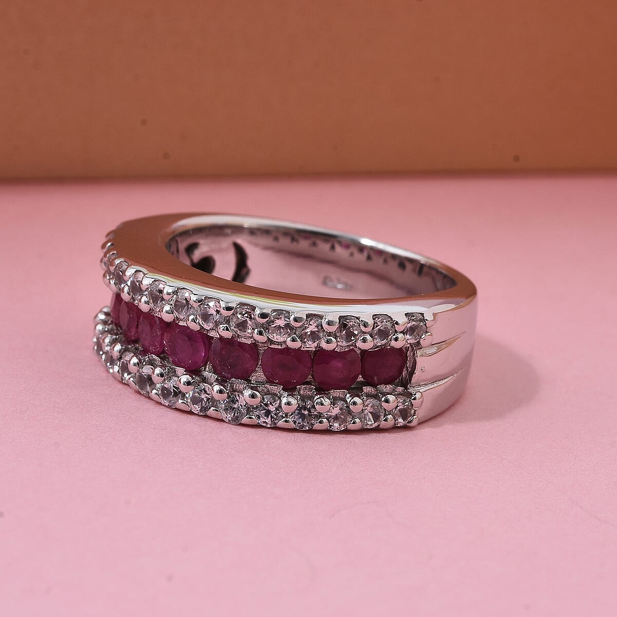 D'Joy Niassa Ruby (FF) and White Zircon 1.50 ctw Half Eternity Ring in Rhodium Over Sterling Silver (Size 6.0) image number 1