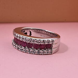 D'Joy Niassa Ruby (FF) and White Zircon 1.50 ctw Half Eternity Ring in Rhodium Over Sterling Silver (Size 6.0)