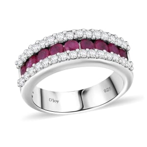 Niassa Ruby and White Zircon 1.50 ctw Half Eternity Ring in Rhodium Over Sterling Silver (Size 7.0)