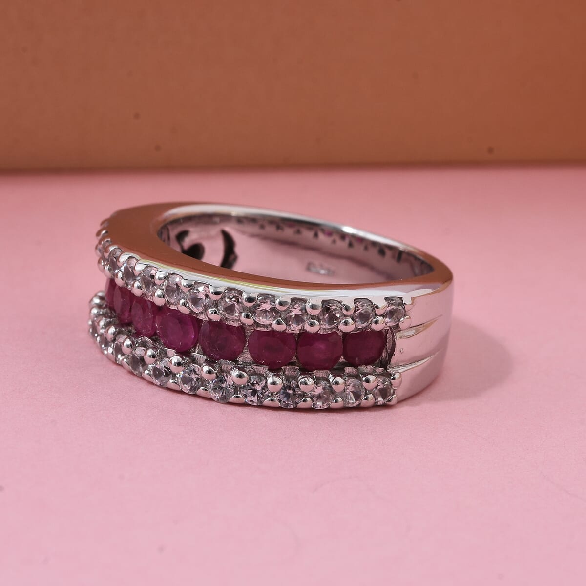 Niassa Ruby and White Zircon 1.50 ctw Half Eternity Ring in Rhodium Over Sterling Silver (Size 7.0) image number 1