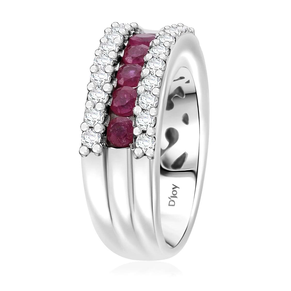 Niassa Ruby and White Zircon 1.50 ctw Half Eternity Ring in Rhodium Over Sterling Silver (Size 7.0) image number 3