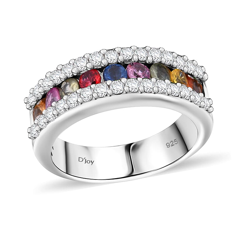 D'Joy Multi Sapphire and White Zircon 1.50 ctw Half Eternity Ring in Rhodium Over Sterling Silver (Size 5.0)