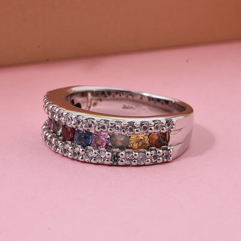 D'Joy Multi Sapphire and White Zircon 1.50 ctw Half Eternity Ring in Rhodium Over Sterling Silver (Size 5.0)