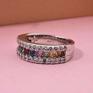 D'Joy Multi Sapphire and White Zircon 1.50 ctw Half Eternity Ring in Rhodium Over Sterling Silver (Size 6.0)
