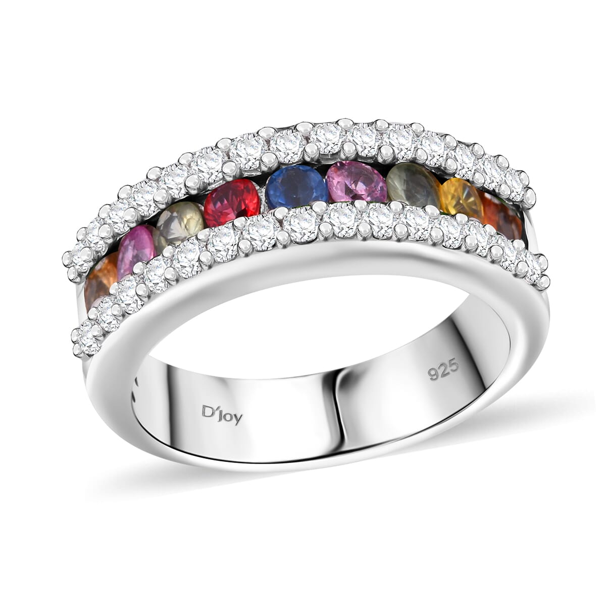 Multi Sapphire and White Zircon 1.50 ctw Half Eternity Ring in Rhodium Over Sterling Silver (Size 7.0) image number 0