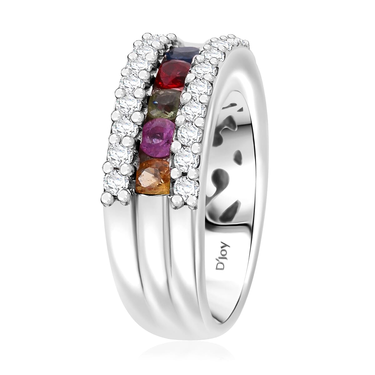 Multi Sapphire and White Zircon 1.50 ctw Half Eternity Ring in Rhodium Over Sterling Silver (Size 7.0) image number 3