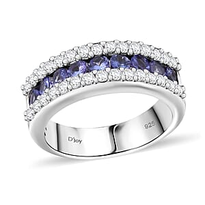 D'Joy Tanzanite and White Zircon 1.50 ctw Half Eternity Ring in Rhodium Over Sterling Silver (Size 5.0)