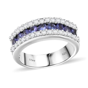 Tanzanite and White Zircon 1.50 ctw Half Eternity Ring in Rhodium Over Sterling Silver (Size 7.0)