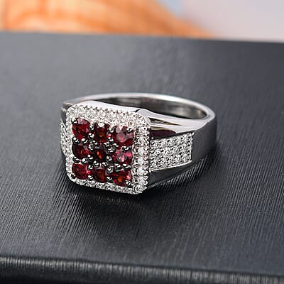 D'Joy Anthill Garnet and Moissanite 2.00 ctw Men's Ring in Rhodium Over Sterling Silver (Size 10.0)