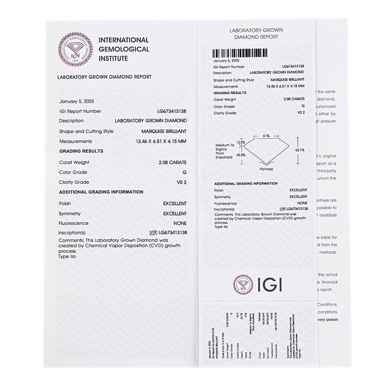 IGI Certified Luxuriant Lab Grown Diamond (Mrq) (G, VS2)  2.00 ctw