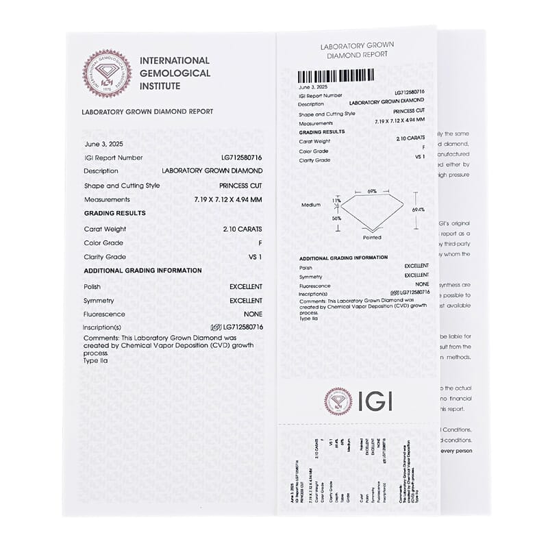 IGI Certified Luxuriant Lab Grown Diamond (Princess) (G, VS2) 2.00 ctw