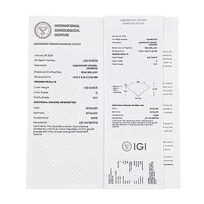IGI Certified Luxuriant Lab Grown Diamond (Pear) (G, VS2) 4.00 ctw